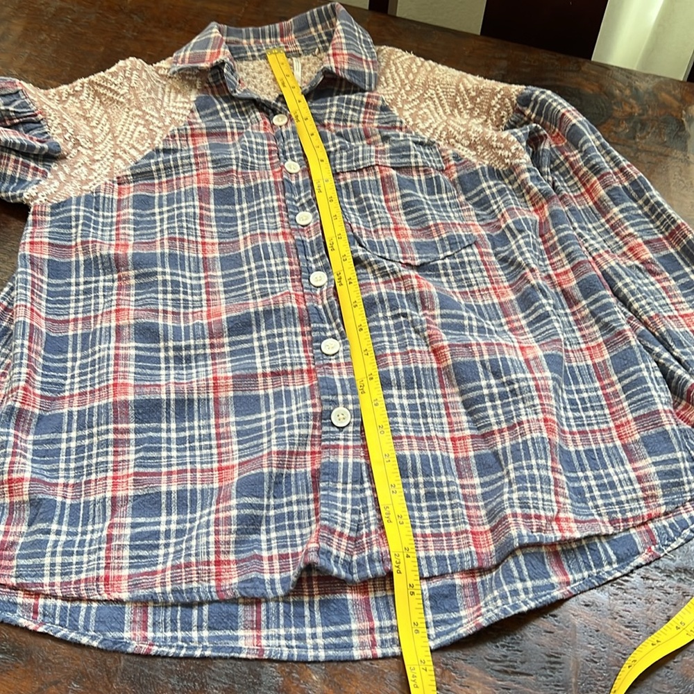 FREE PEOPLE Fireside Nights Plaid & Knit Long Sleeve Blouse Cloudy Combo Size S - Picture 14 of 15